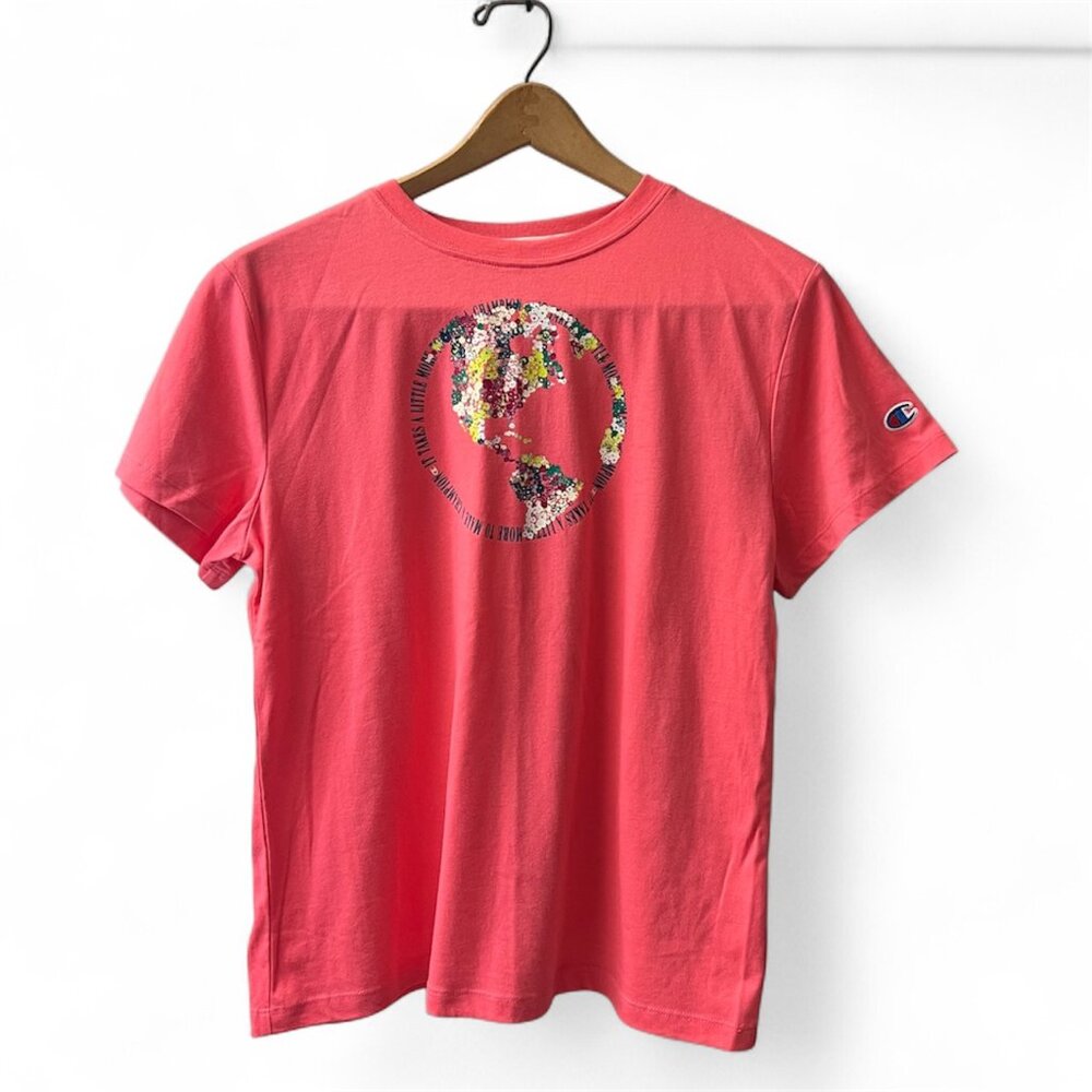 Champion Pink Floral Earth Graphic Tee Earth Day Nature Aesthetic - M